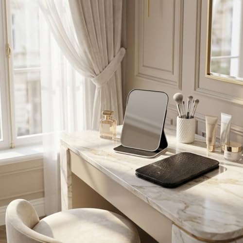 Image of Portable PU Leather Makeup Mirror with Adjustable Stand, Frameless Vanity Mirror for Women, Foldable Travel Mirror for Makeup, Dressing Use, Compact Pocket Beauty Mirror 16 x 11 cm(Black)