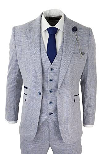 Mens 3 Piece Check Suit Tweed Light Blue Tailored Fit Wedding Peaky Classic4