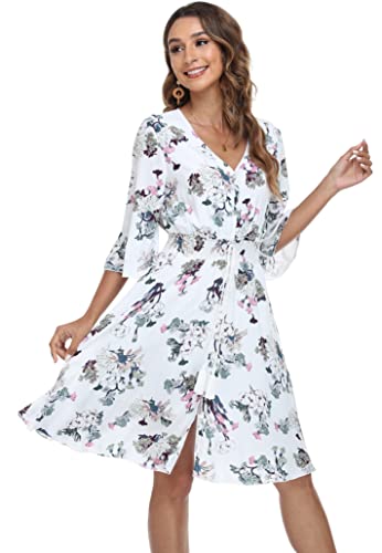 Image of VintageClothing Women's Floral Sundresses Flowy Boho Summer Beach Dress | Lightweight Breathable material,Elegant V Neck and Button Front Design,Flared Bell Sleeve Cut,Mini Casual dress