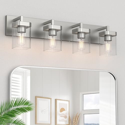 Image of 4-Light Bathroom Light Fixtures, Brushed Nickel Vanity Lights for Bathroom, Kitchen, Living Room, Modern Bathroom Vanity Lights with Clear Glass Shades