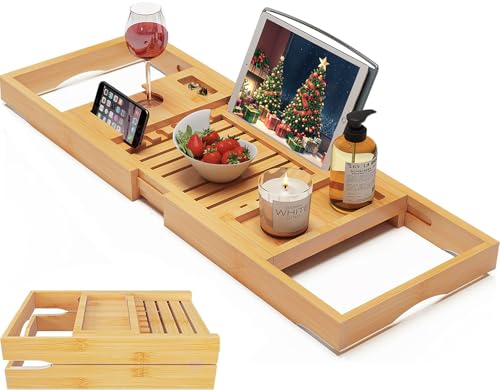 Foldable Bamboo Bathtub Caddy Tray Expandable for Luxury Bath, Bath Accessories & Table with Wine Glass Holder, Book Stand Bathroom Organizer with Extending Sides for Men/Women