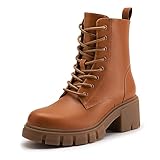 Athlefit Women's Lug Sole Combat Boots Fashion Lace up Side Zipper Ankle Boots Tan Size 9