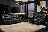 MNS - Leather Recliner Sofa with Cupholders - 3+2 Seater Sofa - Black (3+2 Seater)