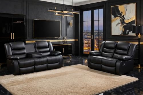 MNS - Leather Recliner Sofa with Cupholders - 3+2 Seater Sofa - Black (3+2 Seater)