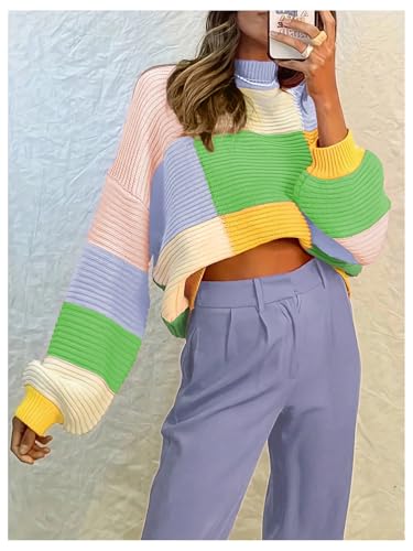 WDIRARA Women's Plus Size Plaid Mock Neck Drop Shoulder Sweater Color Block Long Sleeve Knit Tops Pullovers3