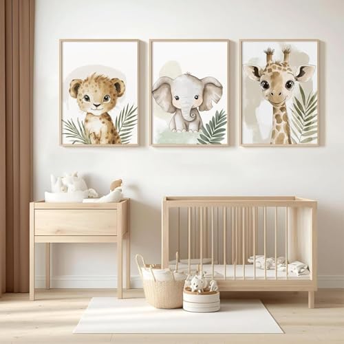 3 Affiche Safari Chambre Bebe 30X40CM Poster Enfant Savane Lion Girafe Elephant Tableau Animaux de la Jungle Toile Animaux Foret Garçon Bebe Affiche Deco...