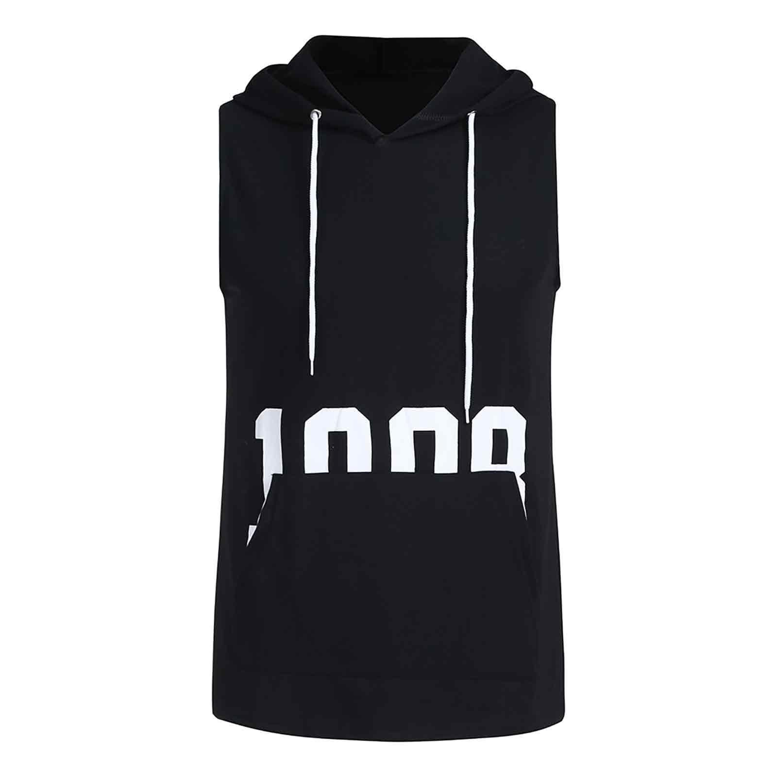 Camiseta sin Mangas Hombre con Capucha Estampado de Letras para Gimnasio Fitness Running Casual Top con Cordón y Bolsillo para Deportes y Uso Diario