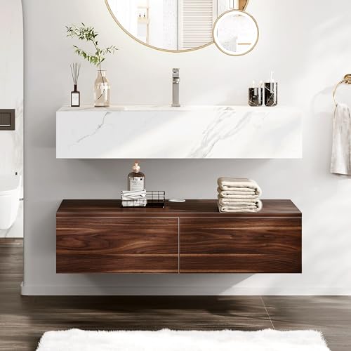 DWVO 40 Inch Bathroom Vanity with Sink, Floating Vanity Integrated Set with Sintered Stone Countertop, Wall Mounted Bathroom Storage Cabinet with Ceramic Basin Sink and 2 Drawers for Bedroom, Brown