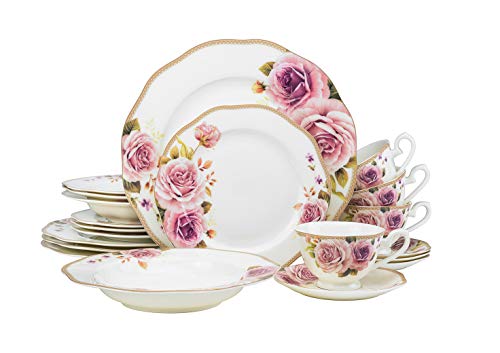 EURO Porcelain 20-pc. Dinner Set Service for 4 Luxury Bone China Tableware ("Rose Bloom" 5735)