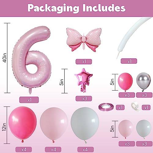 Image of 40 Inch Pink Number 6 Balloon Tower 6th Birthday Decorations for Girls | Large Pastel Baby Hot Pink White Number Six Foil Balloons Stack Set for 6 Years Old Princess Sixth Birthday Party Decorations