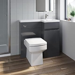 Artis 900mm L Shape Bathroom Vanity Sink Unit Furniture Storage, Right Hand Gloss Grey Vanity Unit + Basin + Ceramic Square Toilet with Concealed Cistern