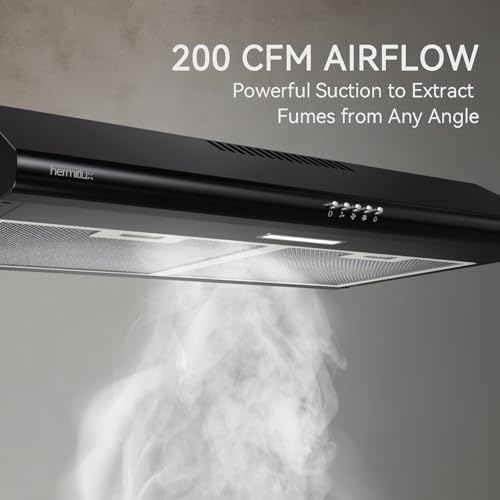 Image of Hermitlux Under Cabinet Range Hood, 30 inch Black Vent Hood With 3 Speed Exhaust Fan, Ducted And Ductless Convertible, LED Bright Light Bulbs and Charcoal Filter