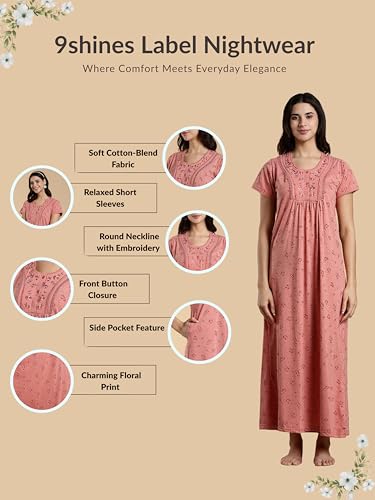 Image of 9shines Label Stylish Cotton Blend Embroidered Maxi Nightdress for Women with Pocket| Full Length Nightwear| Premium Nightdress| Comfortable Nightwear(5256)