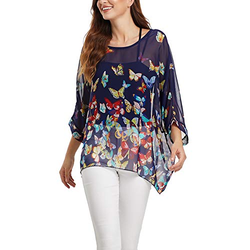 Image of Ckikiou Plus Size Batwing Flowy Semi Sheer Chiffon Blouse Tunic for Women Summer Floral Print Boho Beach Cover ups