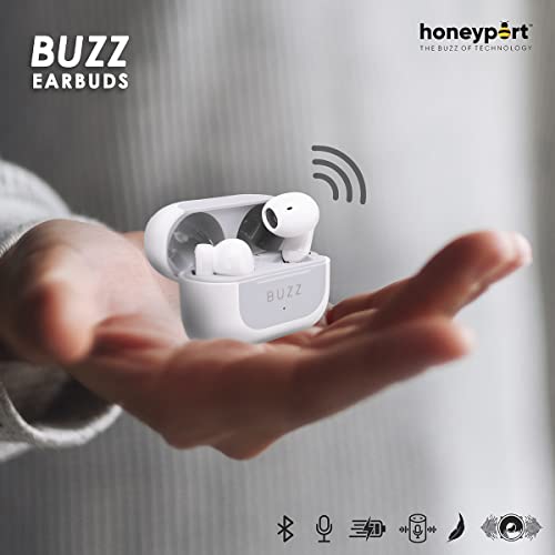 Image of Honeyport HP Buzz Earbuds - TWS Bluetooth Earbuds with Smart Voice Assistant, Active Noise Cancellation, 30-Hour Playtime, IP4X Sweatproof (White)