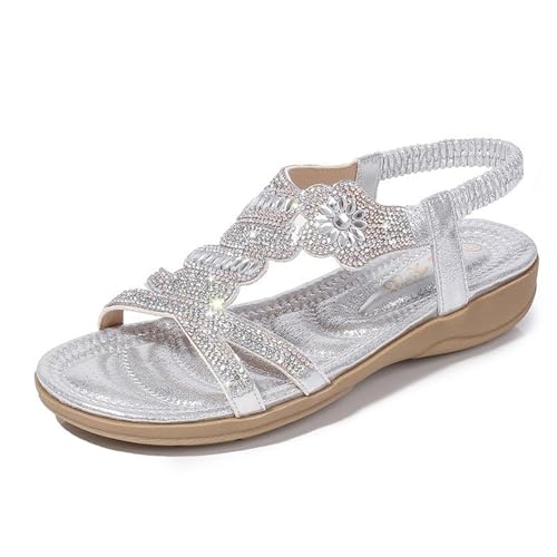 Womens Sandals Women's shoes with flower pattern on the outside, rhinestone sandals, foreign trade, flat-soled large-size sandals for women