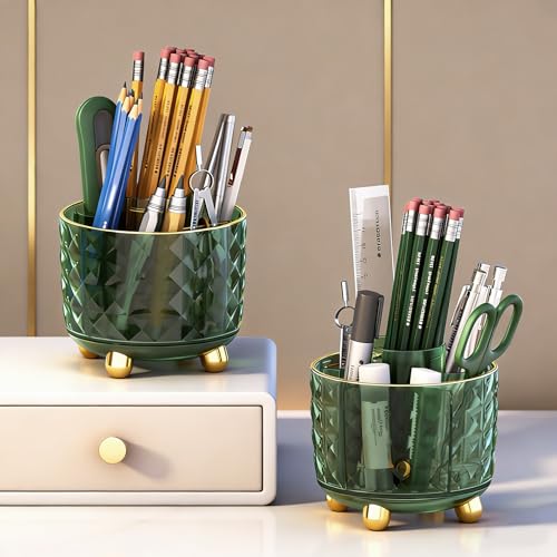 GOTOBA Dark Green Pen Pencil Holder for Desk, 360° Rotating Pen Organizer, Green Office Supplies, Cute Pen Holder, 6-Compartment Pencil Holder Rotating