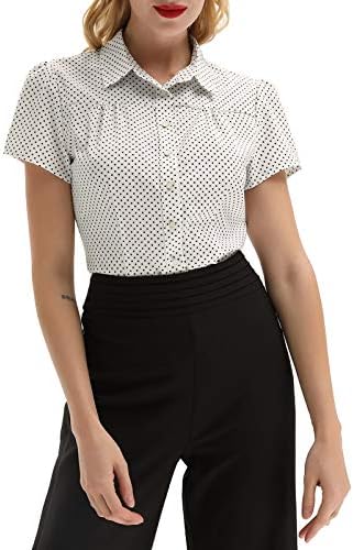 Women Polka Dots Shirt Short Sleeve Button Down Shirt Tops, Off-White, Large