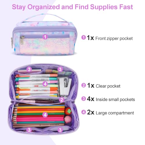 Image of Large Pencil Case for Girls, Aesthetic Pencil Pouch for School, Wide Opening Organizer Box with Handle, Fits 50 Pens & Markers (Glitter Purple Tie-Die)