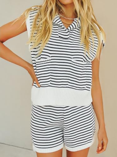 Image of Imily Bela Womens 2 Piece Outfits Sweater Sets Striped Knit Sleeveless Pullover Top Shorts Lounge Set