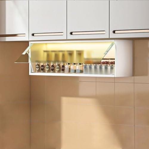 Organizador de gabinete de Cocina abatible, especiero abatible con Puerta de Vidrio Templado y luz con Sensor, Organizador de Almacenamiento de gabinete de Pared de Metal para Debajo del Gab