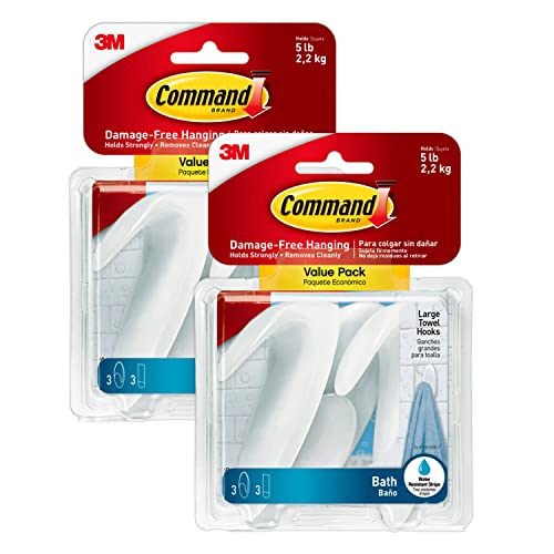 Image of Command Bath Large Towel Hook Value Pack, Total 6 Large Wall Hooks with 6 Water Resistant Strips, 2-Pack of 3 Hooks, Organize Damage-Free