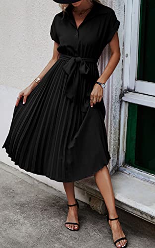 Image of ECOWISH Womens Casual Midi Dresses Solid V Neck Short Sleeve Button Shirt Belted Dress with Pockets for Spring Summer 2026