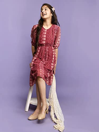 Image of LILPICKS Girls All Over Aztec Printed Long Sleeve Fit n Flare Dress (Pink)