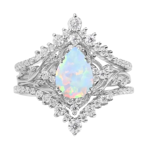 Pear Cut Gemstone Engagement & Wedding Rings - 10K, 14K, 18K White & Yellow & Rose Gold Bridal Sets - Vintage 3pcs V Shaped Promise Ring3