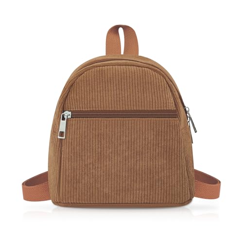 Energather Kleiner Rucksack Damen, Corduroy-Mini-Rucksack Damen Rucksack Klein für Frauen und Mädchen, Tragbarer Rucksacks Klein mit Einstellbarem Schultergurt für Spazieren, Einkaufen (braun)