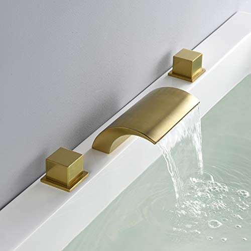 Hanallx Waterfall Tub Faucet Roman Tub Filler Brushed Gold Deck Mount Bathtub Faucets Brass 3 Holes Bathroom Faucets With 2 Handles #TOP4