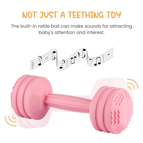 Image of Baby Dumbbell Toy - Silicone Dumbbell Teether Toys Weight Rattle Sensory Toy for Babies - Great Gift for Baby and Toddler Girls or Boys (Pink)