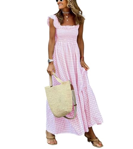 Image of chouyatou Women's Retro Plaid Smocked Dress Spaghetti Strap Flounce Long Dress