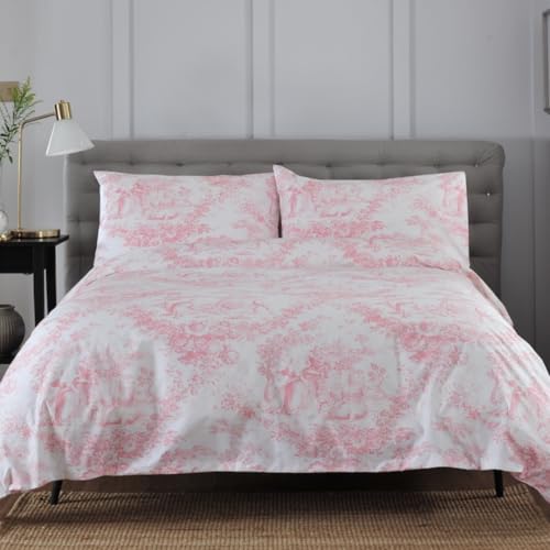 Image of The Lyndon Company Toile De Jouy 100% Cotton Duvet Cover Set with Pillowcases, 200 Thread Count, Vintage French Bedding, Blue or Pink, Button Fastening, Soft & Breathable, All UK Sizes [PI-Su]