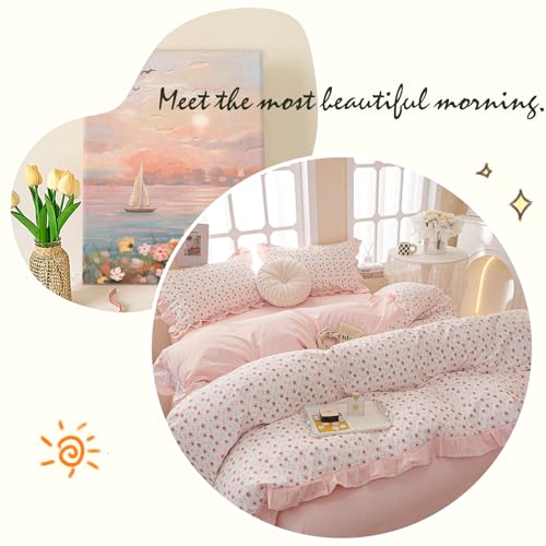 Image of VM VOUGEMARKET Blooming Duvet Cover Set Twin Pink Striped Ruffle Duvet Cover with Zipper Ties 100% Cotton Cute Romantic Girls Comforter Cover with 2 Pillowcases