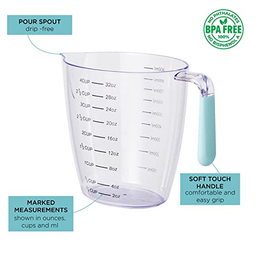Social Chef 3-Piece Liquid Measuring Cups - Stackable Clear Plastic Measuring Cups With Soft Grip Handles - Bpa Free And Nesting For Easy Storage - Measures Up To 4 Cups / 32Oz (Teal) #TOP4