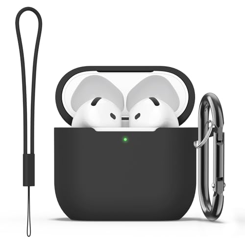 Image of Tobfit Case for AirPods 4 Case Cover 2024 with Lanyard & Keychain, Soft Silicone Protective Case for Apple AirPods 4th Generation, Full Protection, Support Wireless Charging, Black