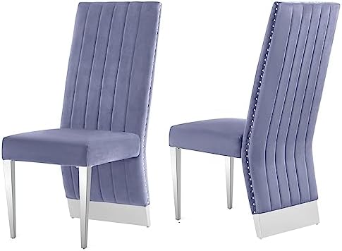 AZhome Dining Chairs, Grey Velvet Dining Room Chairs with Nailhead Trim, Silver Stainless Steel Legs, Set of 2