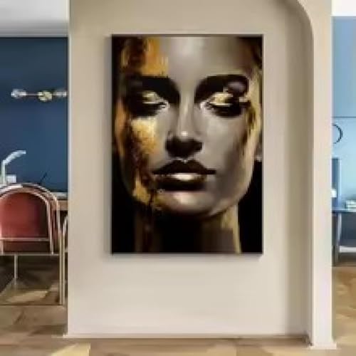 Tableau abstrait moderne salon portrait doré grand format - 2