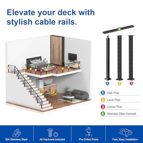 Image of BLIKA 36 inch Level Drilled Cable Railing Post(Post 35 inchx2 inchx2 inch), Flat Top Surface Mount Deck Post, Stainless Steel Black Powder Coated Finish Cable Handrail Post for Deck Railing, BL02-LP