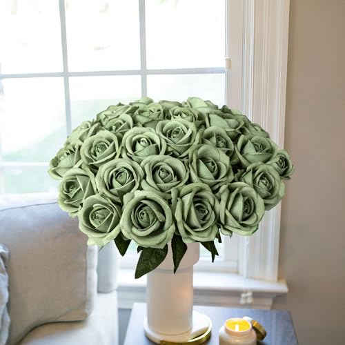 Image of INSPRING 50 PCS Green Roses Artificial Flowers with Long Stems | Real Looking, Fake Roses, Silk Flowers, DIY Bouquet, Wedding Party Celebration Home Bridal Decoration Gift, for Her Wife