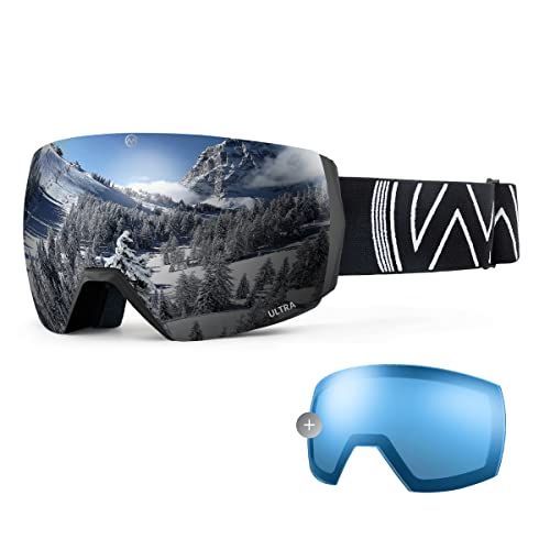 OutdoorMaster Ultra Ski Goggles - Black Sonic Strap VLT 10% Silver Lens + Clear Lens VLT 90% Cover