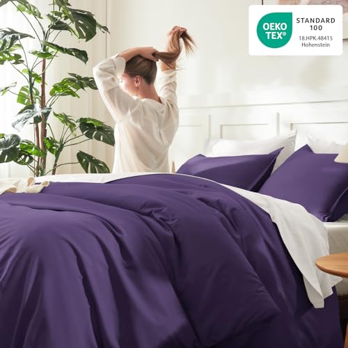 Image of Litanika Dark Violet Purple Comforter Set Full Size, 3 Pieces Lightweight Solid Bedding Comforter Set, All Season Fluffy Bed Set (79x90In Comforter & 2 Pillowcases)