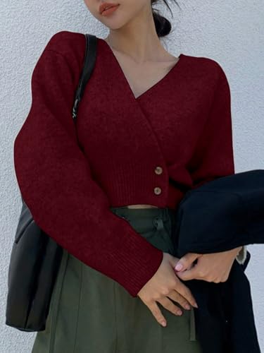 Image of WDIRARA Women's Wrap V Neck Sweater Button Front Long Sleeve Crop Knitted Top