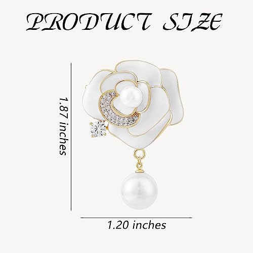 Image of Ornaland Pearl Camellia Flower Brooch Pin Rhinestone Crystal Brooch Flower Lapel Pin for Birthday Party Anniversary T-shirt Dress Clothing Accessories Jewelry Gift, White