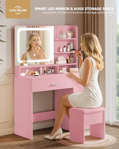 Image of LIVELYGLOW Makeup Vanity Desk Set, 35.4 inch Wx15.7 inchDx53.9 inchH, Pink (Smart LED Mirror, with Cushion Stool, Hairdryer Rack, Power-Outlet, 4 Drawers, Open Shelves)