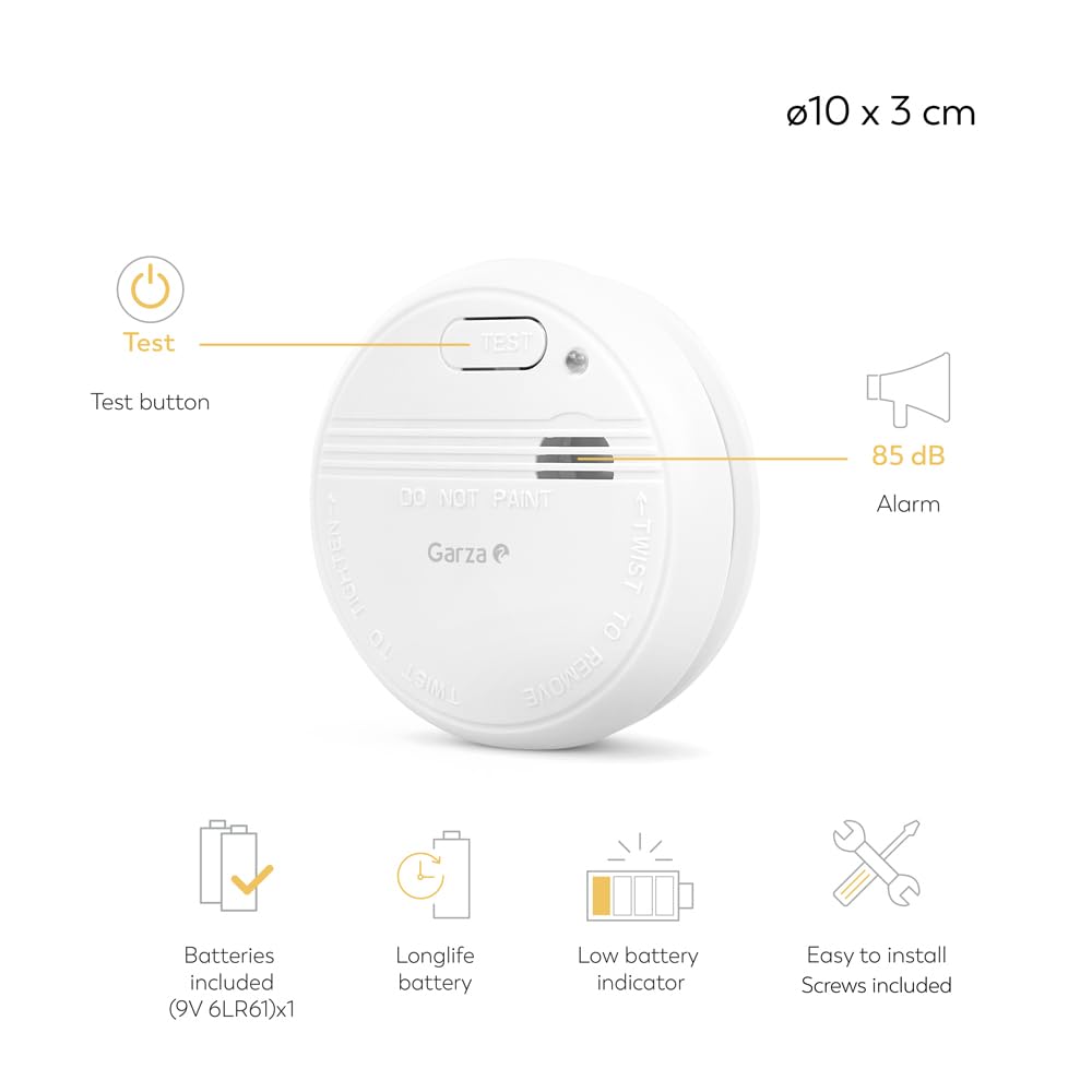 Garza - Pack de 3 Detectores de Humo Mini, Diseño Ultracompacto, Sensor Fotoeléctrico, Alarma 85dB, Batería 9V Incluida, Instalación sin Cables, Indicador LED y Botón Test