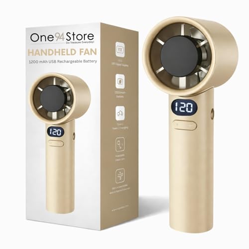 Image of One94Store Handheld Rechargeable Fan, Portable Mini Electric Fan with 1200mAh Battery, 120 Speed Levels with Long-Press Speed Control, Personal Fan for Travel, Office & Home, Blaze Gold