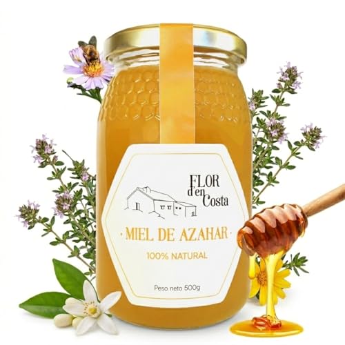 FLOR d'en Costa | Miel Cruda de Azahar | Tarro de Cristal de 500g | Pura de Abeja | Directa del Apicultor a tu Mesa | Sin Pasteurizar ni Aditivos ni Azucares | Cosecha Artesanal | 100% Natural