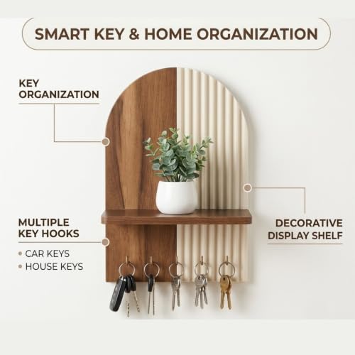 Image of Home Sparkle Wall Mounted Key Holder for Home Entrance with Shelf | Premium MDF Wood Organizer with Paint Finish | Modern 5 Hooks for Keys Small Planter & Decorative Essentials | Walnut & Ivory White